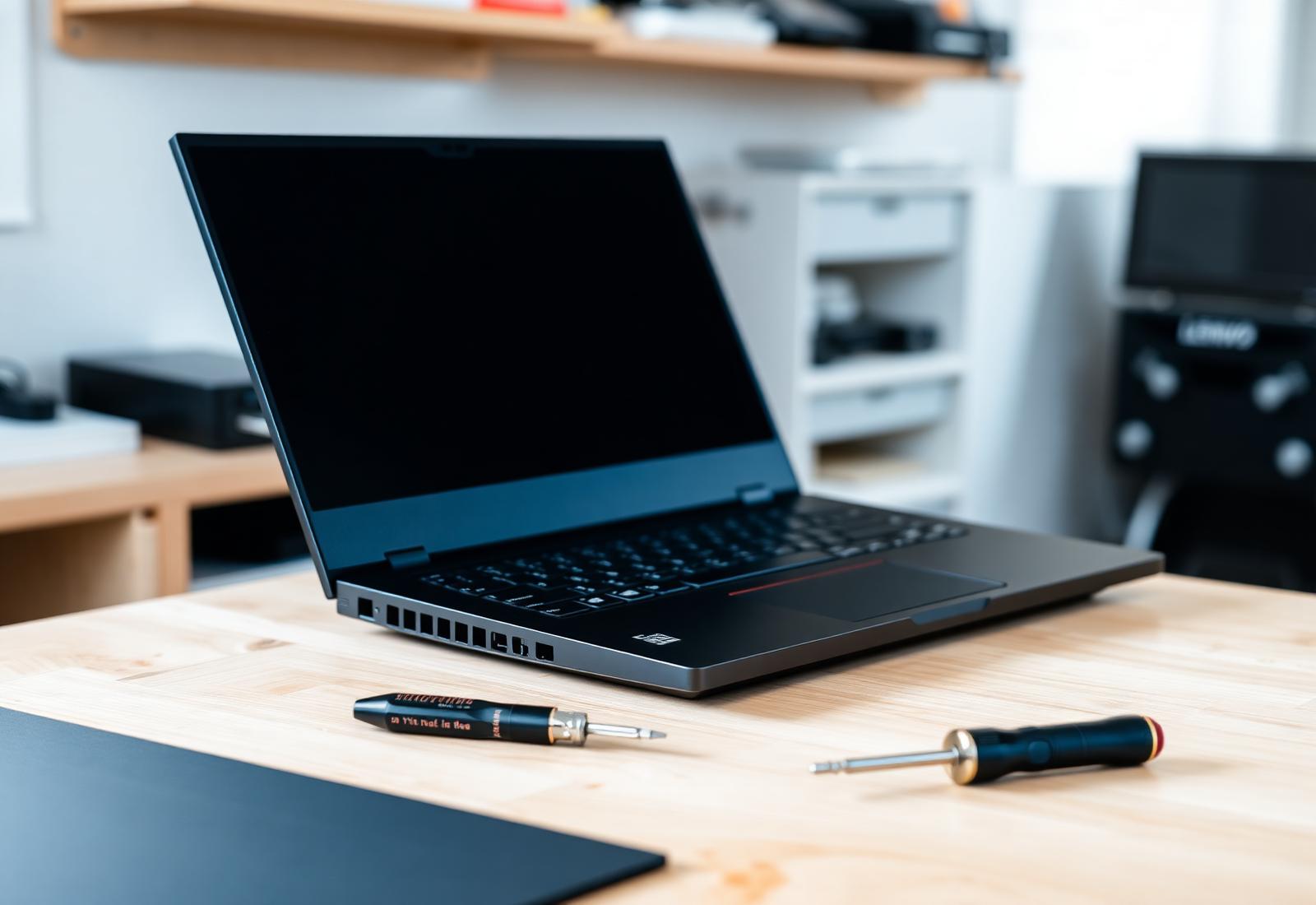 A Lenovo-style laptop open on a tidy repair workbench with precision tools